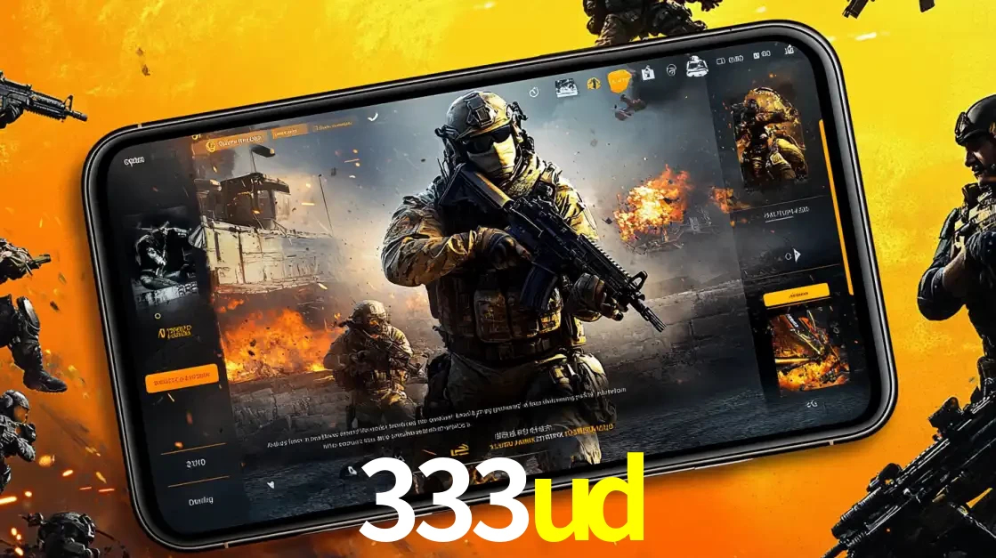 Um smartphone exibindo a interface de um jogo de tiro em primeira pessoa, com um soldado em um cenário de batalha, representando a ação dos e-sports para apostar no 333ud.